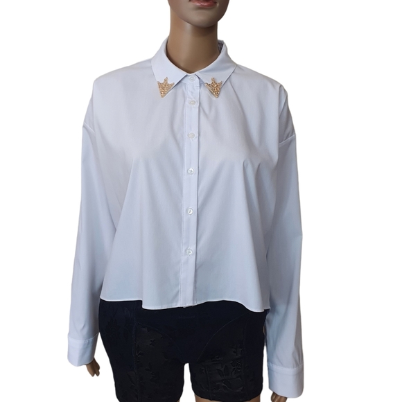White Formal casual Shirt Long Sleeve Sz 10 Cotton Oversized Tops Blouse button - Picture 3 of 14